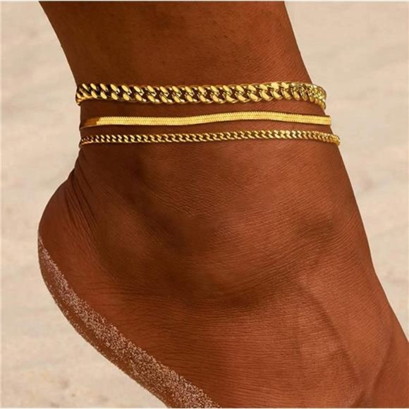 Gold Ankle Bracelets Women 14K Gold Anklets Waterproof Cuban Link Anklets Set - Picture 5 of 6